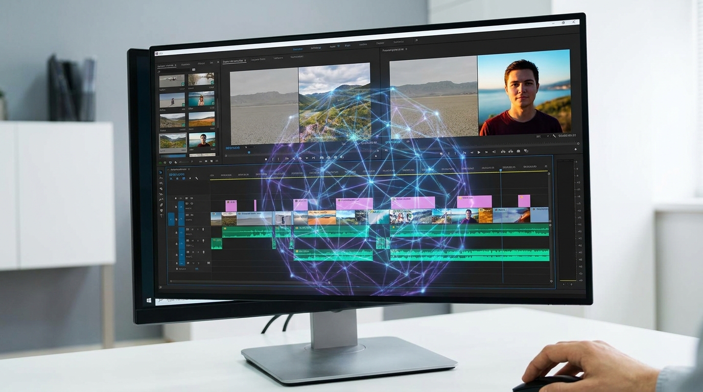 Video editing timeline with clips showing before and after AI color grading, demonstrating improved visual quality with multimodal AI video editing.