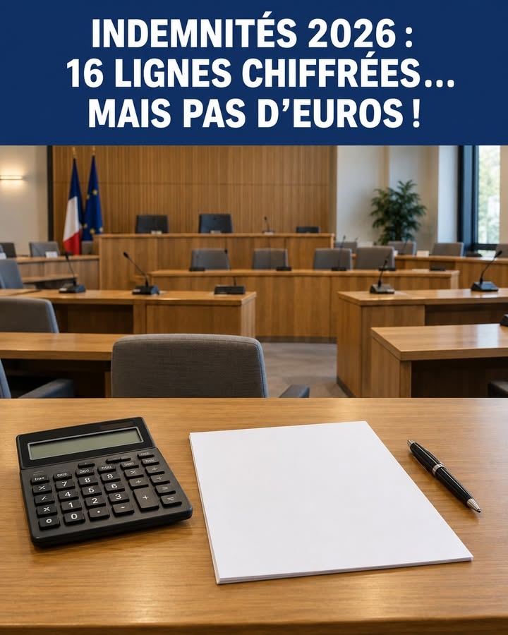 Bureau en bois avec calculatrice, carnet vierge et stylo, devant une salle d'audience vide aux drapeaux français et européen.