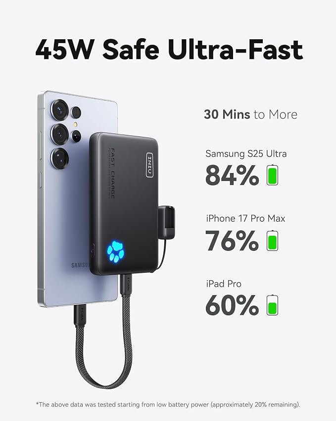 INIU Portable Charger, 10,000mAh, 45W, built-in USB-C cable