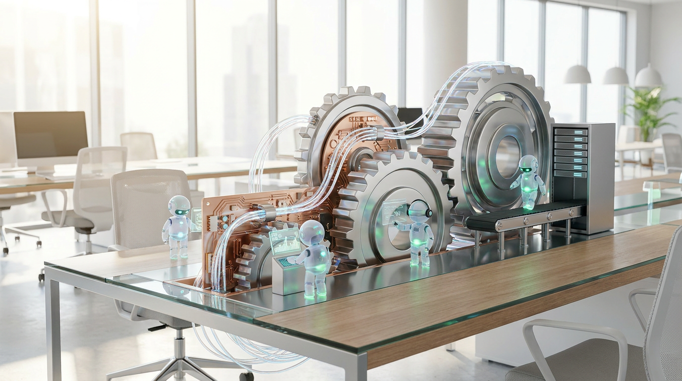 Agentic AI agents performing various business tasks like data analysis and customer service in a modern office.