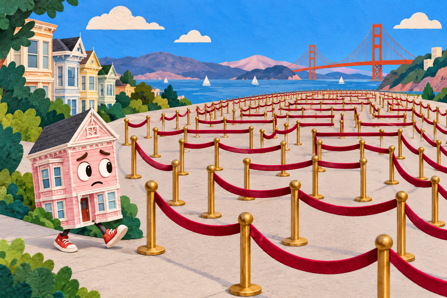 A cartoon Victorian house navigates a maze of queue ropes