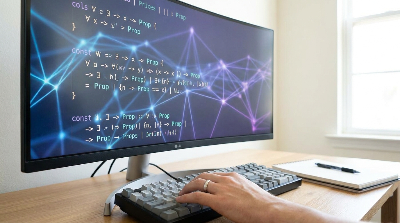 Computer screen showing Lean 4 code and mathematical symbols, with AI patterns, demonstrating OpenAI Lean 4 Proof Formalizations.