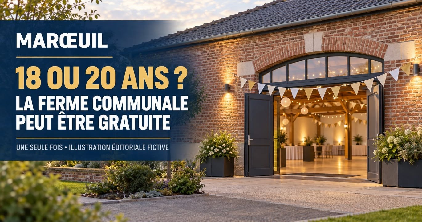 Une ferme en brique avec une grande porte ouverte sur une salle de fête illuminée, décorée de guirlandes et de bougies.
