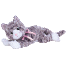 gif of a beanie baby, a small grey tabby cat with a pink ribbon around its neck, lying down and occasionally tilting its head and closing its eyes