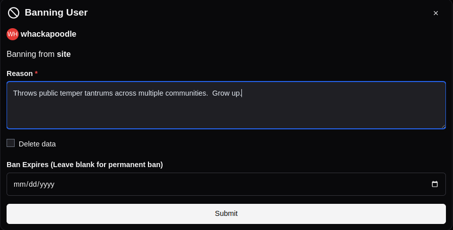 Instance ban modal with the reason set to 'Throws public temper tantrums across multiple communities. Grow up