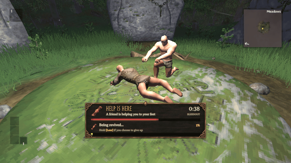 Rescuer kneeling and tending the downed player, followed by standing recovery