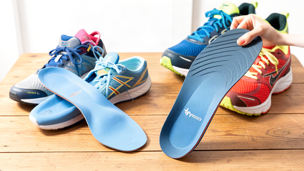 pair of arch-support shoe insoles displayed beside walking shoes