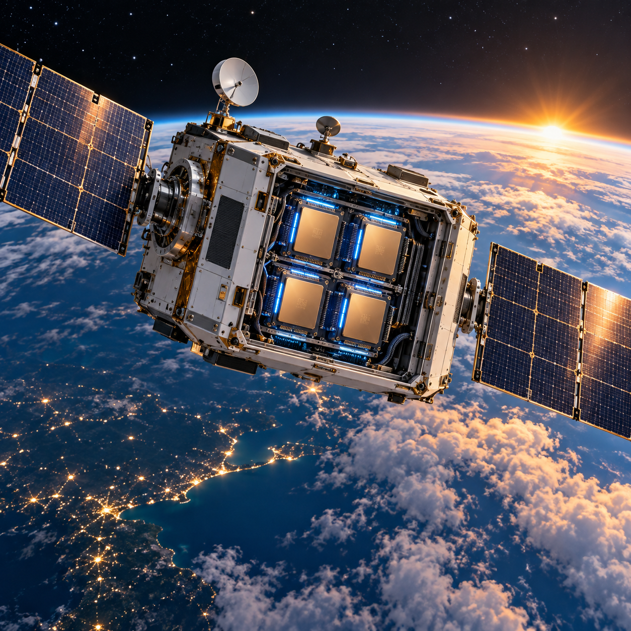 An orbital AI compute satellite above Earth at sunrise.