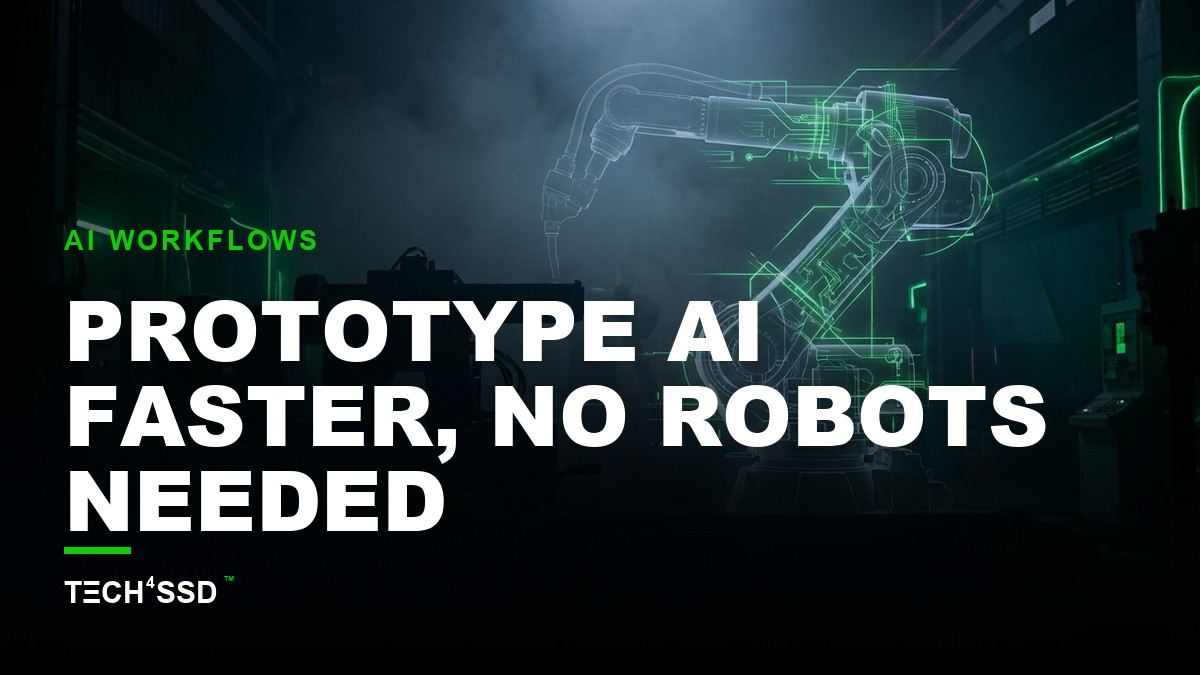 Digital blueprint of an AI system with glowing nodes, overlaid on a ghostly robotic arm silhouette, representing AI prototyping without physical hardware.