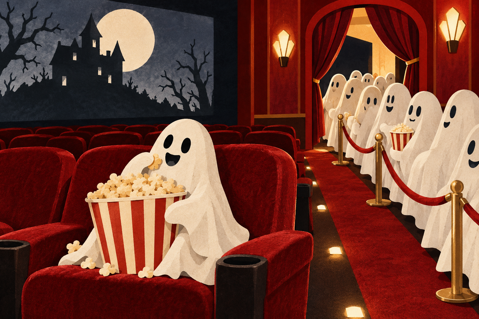 Friendly cartoon ghosts queue for a horror movie