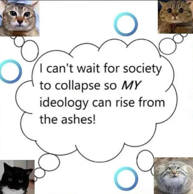 I can’t wait for society to collapse so MY ideology can rise from the ashes!