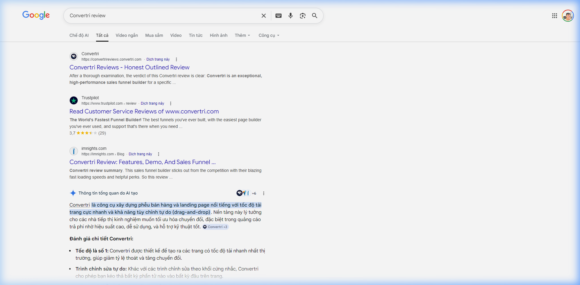 Trustpilot ranking on Google page 1 for Convertri review