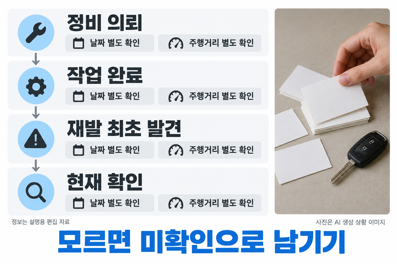 수리 이력 기록의 네 시점을 큰 네 행으로: 정비 의뢰 / 작업 완료 / 재발 최초 발견 / 현재 확인. 각 행에서 날짜와 주행거리는 별도 확인이라고 표시. 오른쪽에는 모형 메모와 차키를 정리하는 손 사진. 빈칸 시간선·가상날짜·숫자·공식 명세서 없음. 모르면 미확인으로 남기기를 크게.