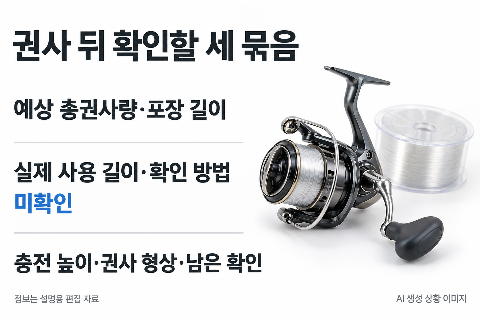 권사 뒤 확인할 세 묶음: 예상 총권사량·포장 길이 / 실제 사용 길이·확인 방법 / 충전 높이·권사 형상·남은 확인. 오른쪽은 릴과 무지 라인 포장 사진. 각 묶음 사이 여백과 구분선만, 빈칸 표·상자·화살표 없음. 미확인 실제 길이는 미확인으로 남기기. 사진만으로 실측 완료 표시 금지.