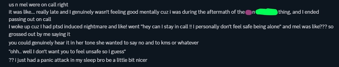 chem going more in depth about the ptsd induced nightmare. he stated that he ended up just leaving call after a bit because it made him feel worse