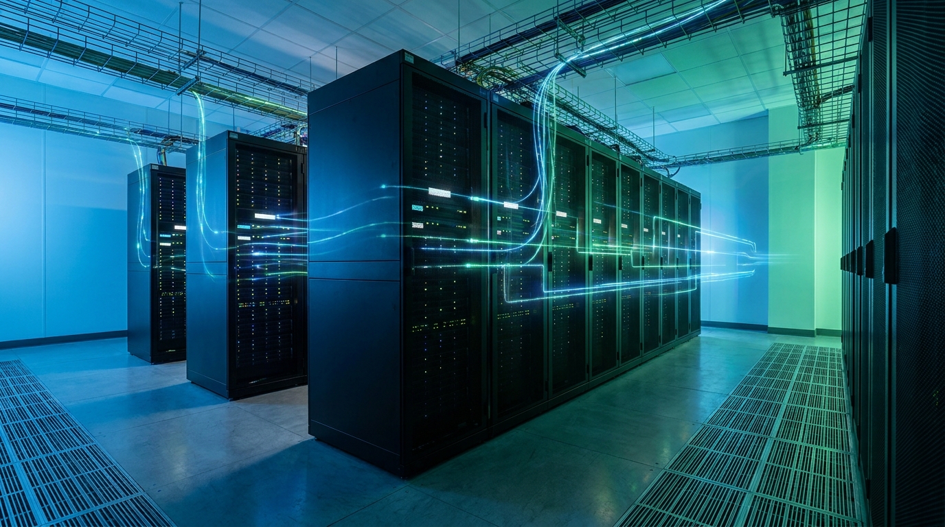 Server room with glowing lights, representing Azure Cobalt 200 VMs and Azure HorizonDB for AI workloads.