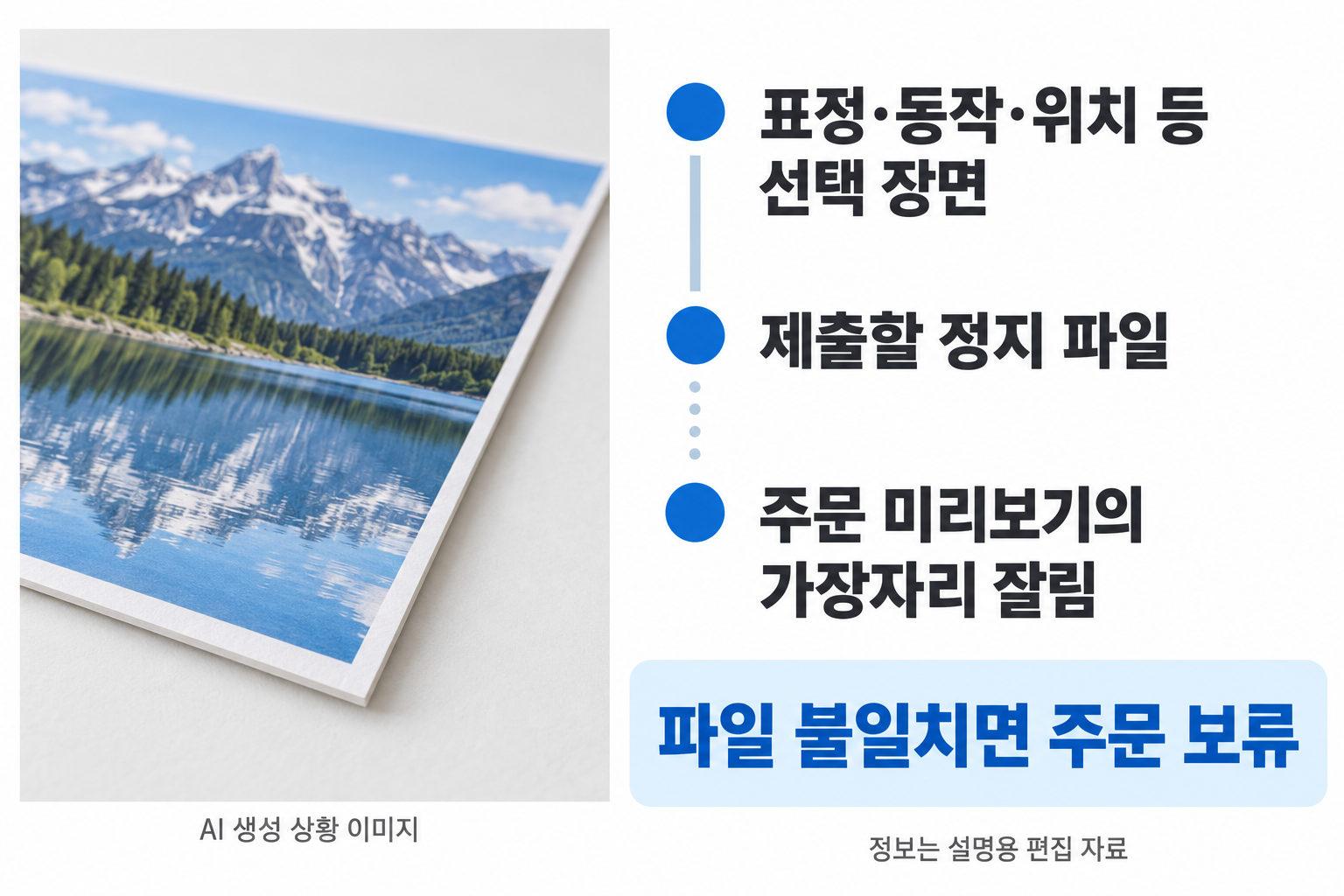 풍경 출력물 가장자리를 가까이 보여주는 사진 옆에 큰 세 점검 항목: 표정·동작·위치 등 선택 장면 / 제출할 정지 파일 / 주문 미리보기의 가장자리 잘림. 파일 불일치면 주문 보류를 크게. 실제 주문 화면이나 자동 프레임 규칙을 만들지 않음.