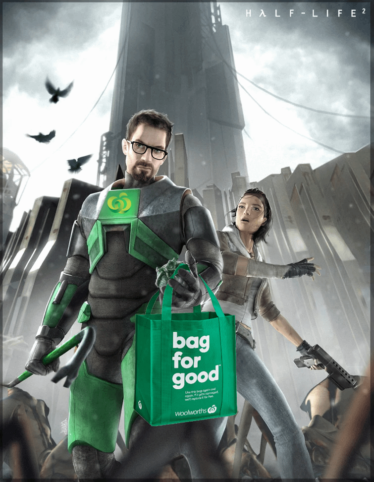 official art of gordon freeman from half life 2 edited to be woolworths themed