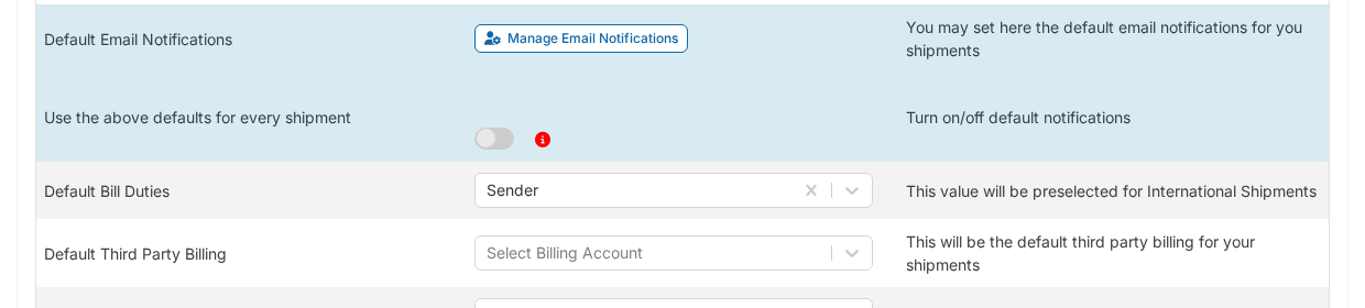 Default Third Party Billing setting in the Defaults tab showing the Select Billing Account dropdown