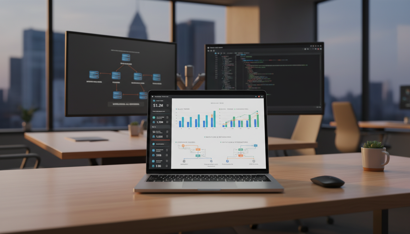 Moderne laptop met e-commerce dashboard en analytics data op scherm in professionele werkomgeving