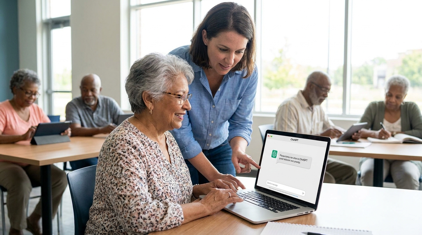 An older woman learning practical ChatGPT workflows in a workshop setting.
