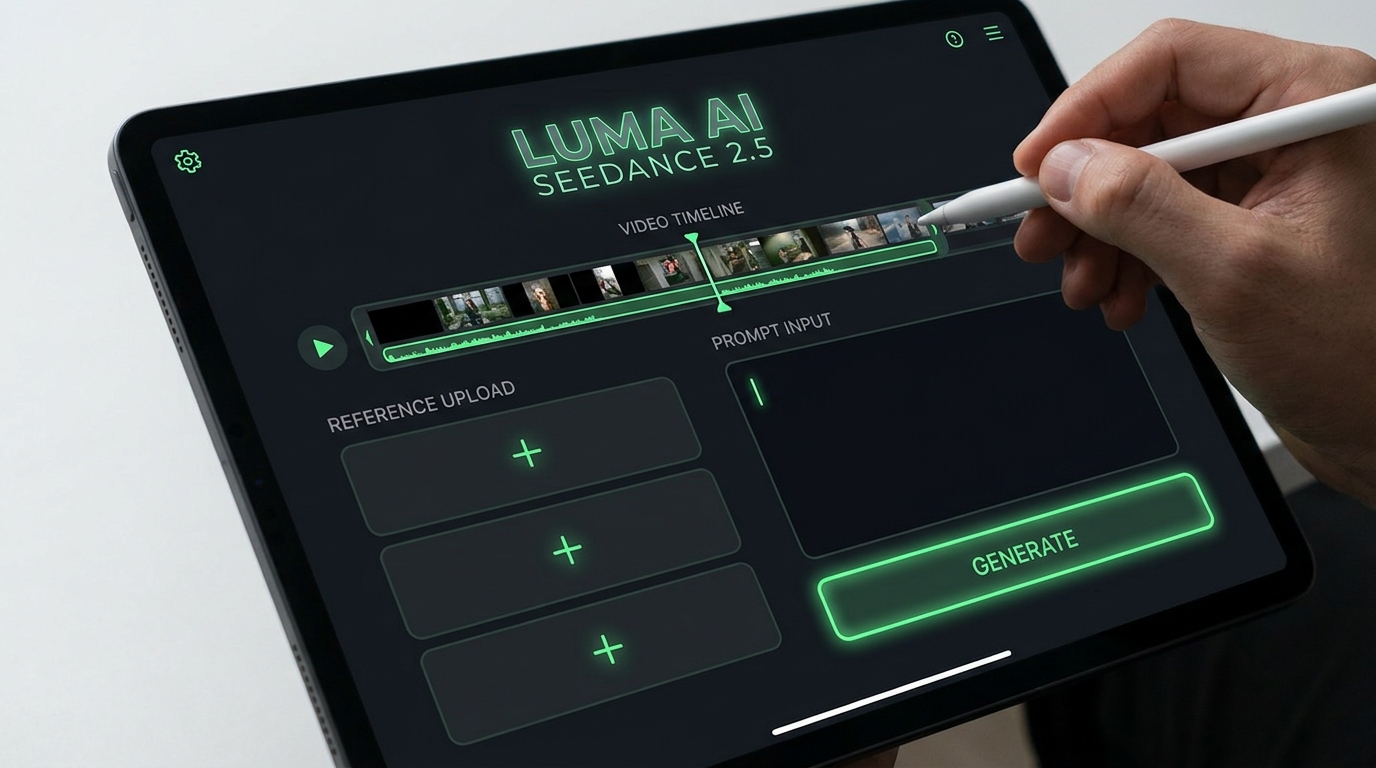 Screenshot of Luma AI Seedance 2.5 interface with video and image references loaded, ready to generate a video with a replaced character.