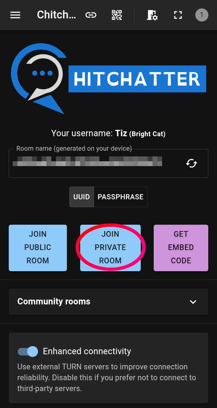 Homepage di Chitchatter con evidenziato il pulsante Join private room