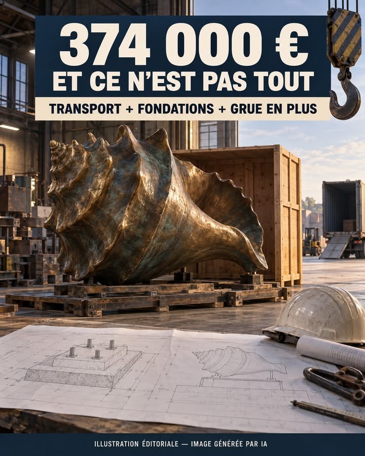 Une grande coquille de bronze posée sur un palet, avec des plans techniques, un casque et des outils à l'avant-plan.