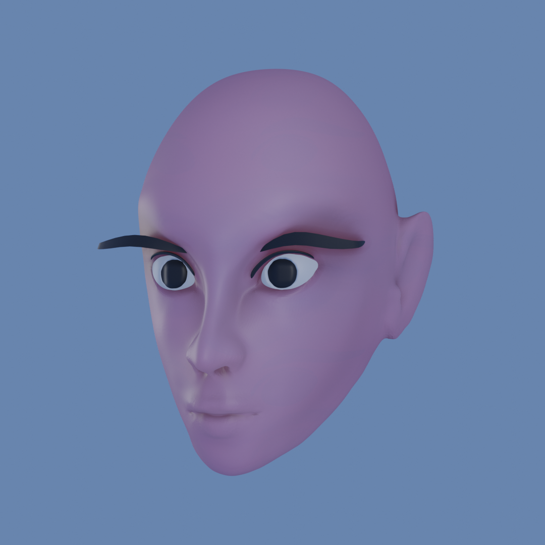 A 3D render of a purple elfs face
