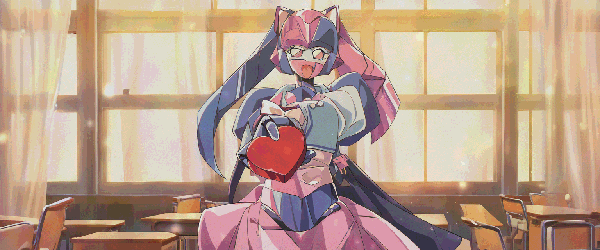 A robot girl giving a heart-shaped chocolate to you.