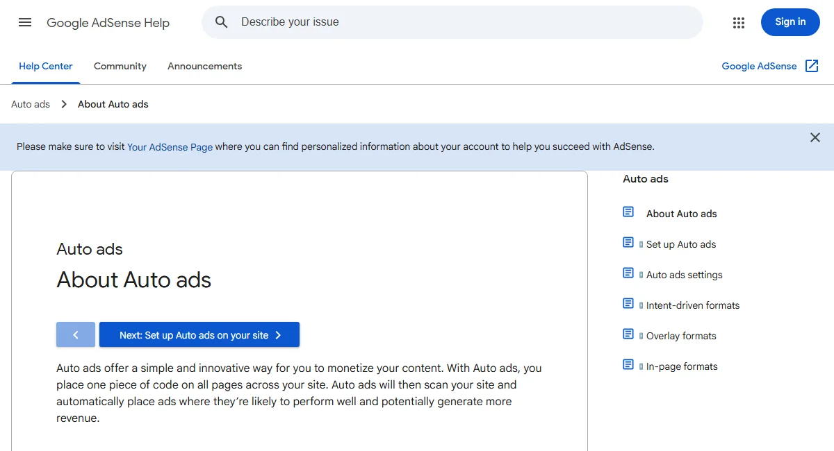 Google AdSense Auto Ads configuration interface for Anchor and Overlay ad formats