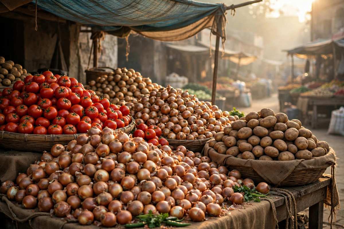 Subah ki sabzi mandi me pyaz, tamatar aur aalu ke dher
