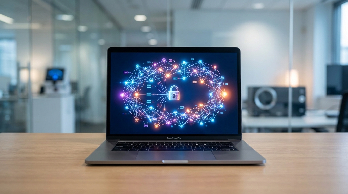 Apple MacBook Pro screen showing a neural network with a padlock icon, symbolizing private Local AI on Apple Silicon.