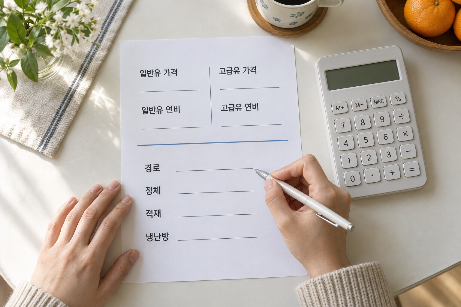실제 연료 가격과 비슷한 운행 조건의 연비를 적어 비용을 비교하는 기록 항목