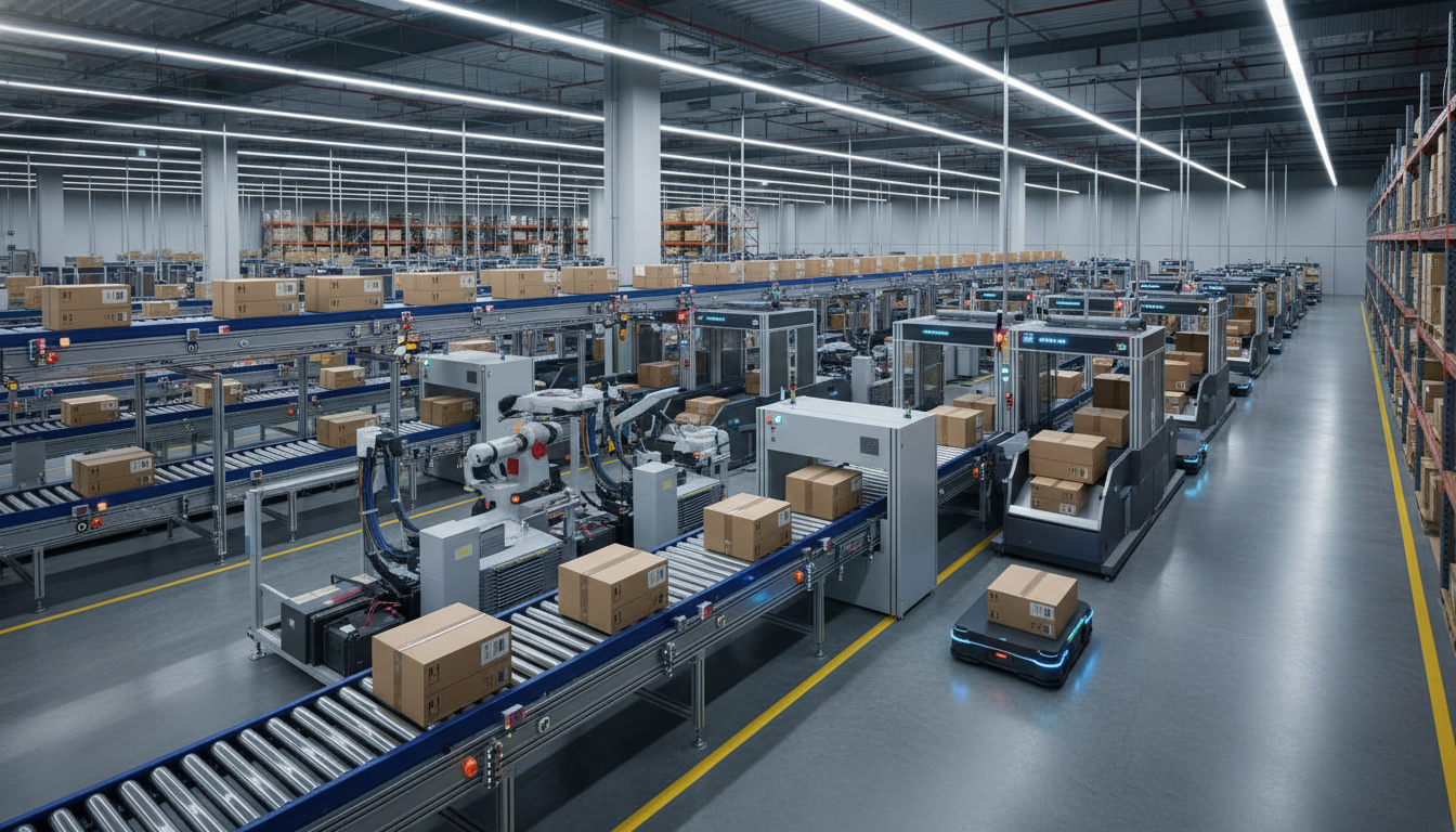 Modern fulfilment center met geautomatiseerde sorteersystemen en verzendboxen