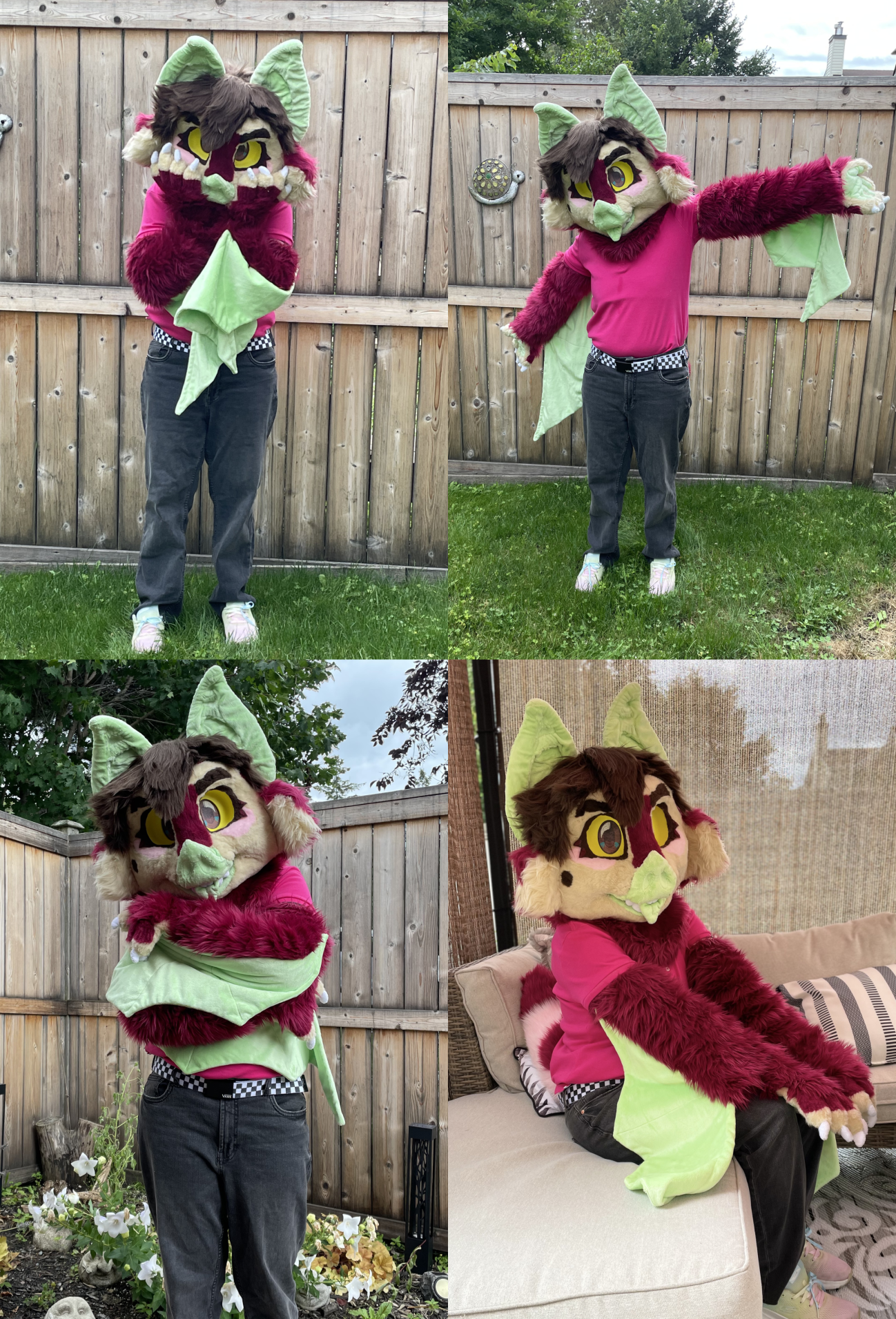 A compilation of images of a bat fursuiter with red, pink, and tan fur, brown hair and eyes, yellow sclera, and green skin. He is pictured in various poses; standing with his hands on his cheeks, standing with his arms stretched out, standing with his wings wrapped around himself, and sitting on a couch with his hands resting on his knees