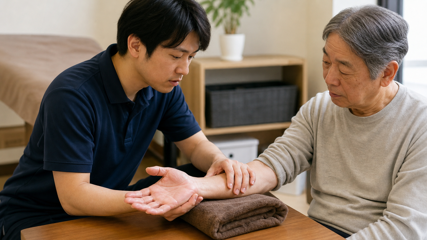 CRPSが疑われる手や前腕の腫れ、過敏さをリハビリ専門職が丁寧に確認しているイメージ
