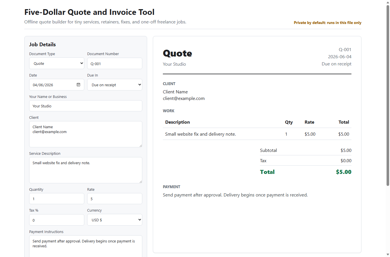 Quote and invoice tool preview