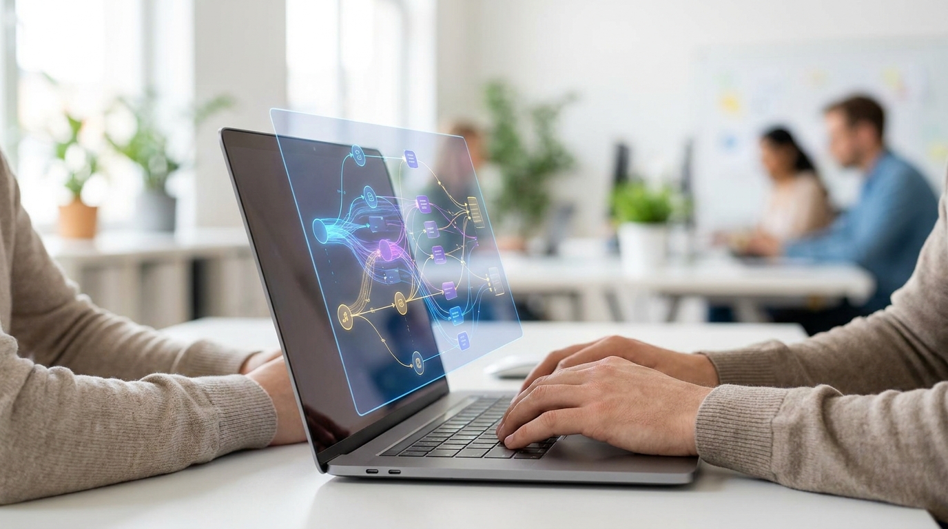 Person building an AI workflow automation on a laptop