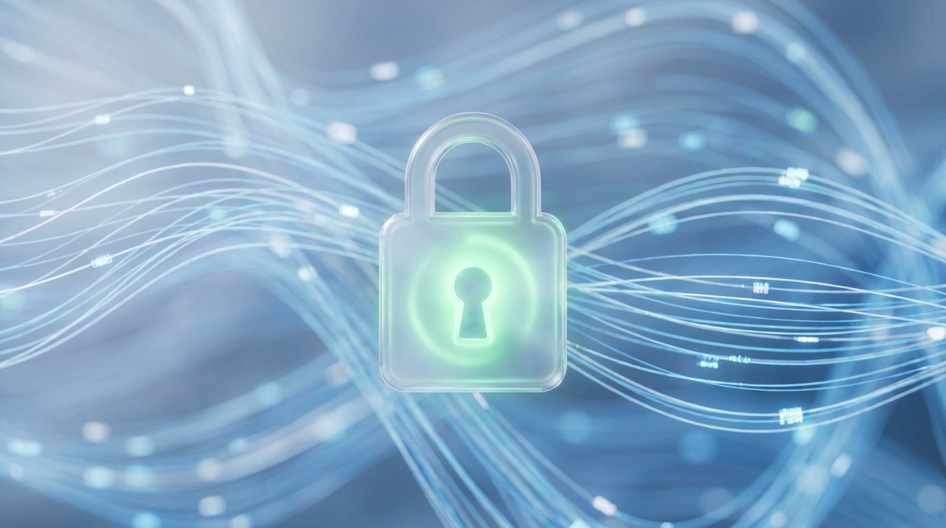 Glowing digital padlock icon over abstract data streams, symbolizing data security for ChatGPT Work Data Agent.