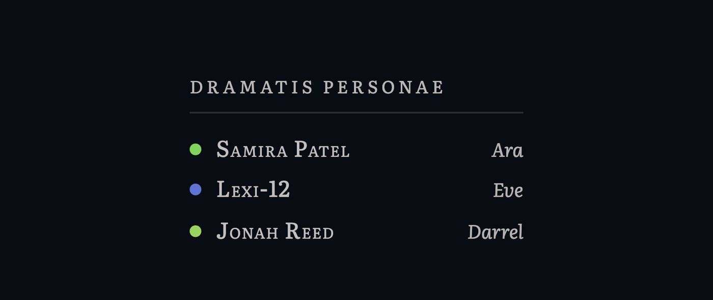 In the reader, the main cast sits beside the voices that play them.