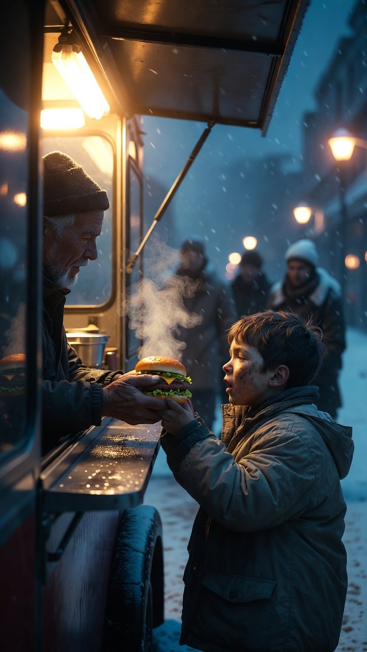 One Free Hamburger Beneath the Winter Streetlights, a Hungry Boy Returned Years Later in a Luxury Car — What He Placed on the Counter Revealed How Far One Small Kindness Had Traveled