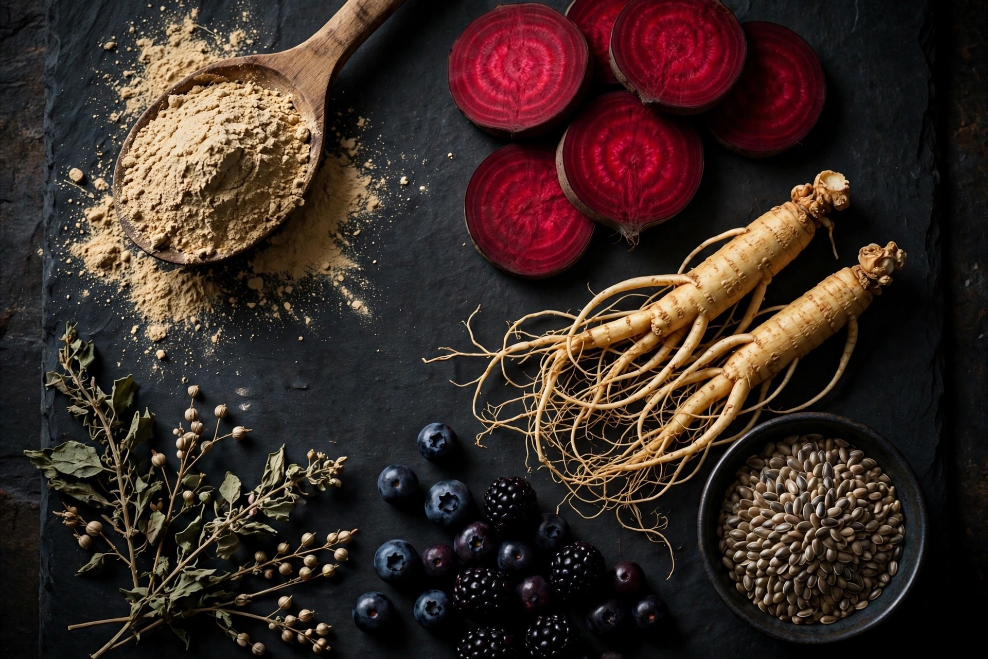 Spartamax ingredients flat lay with maca, beetroot, ginseng and berries