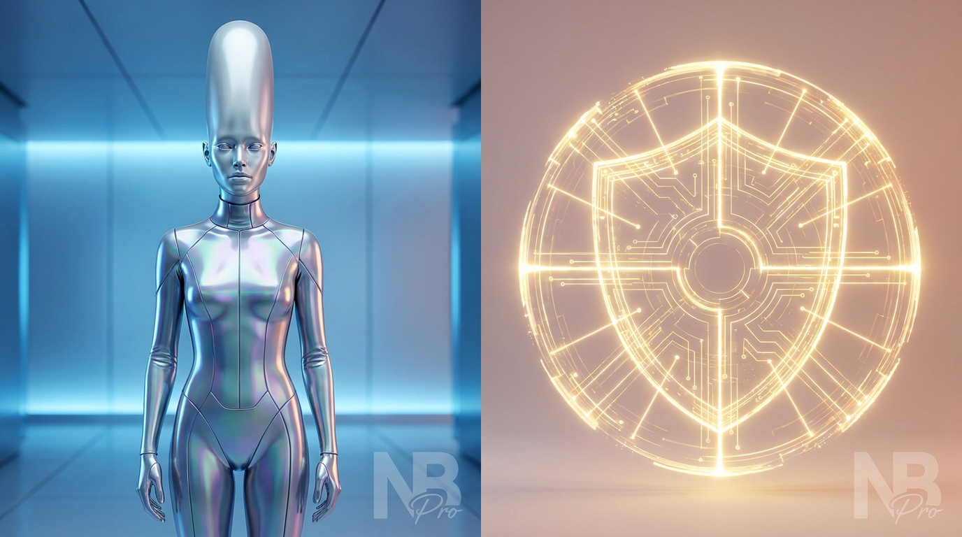 AI-generated influencer next to an ethical guidelines shield, symbolizing responsible AI content creation with Nano Banana Pro.