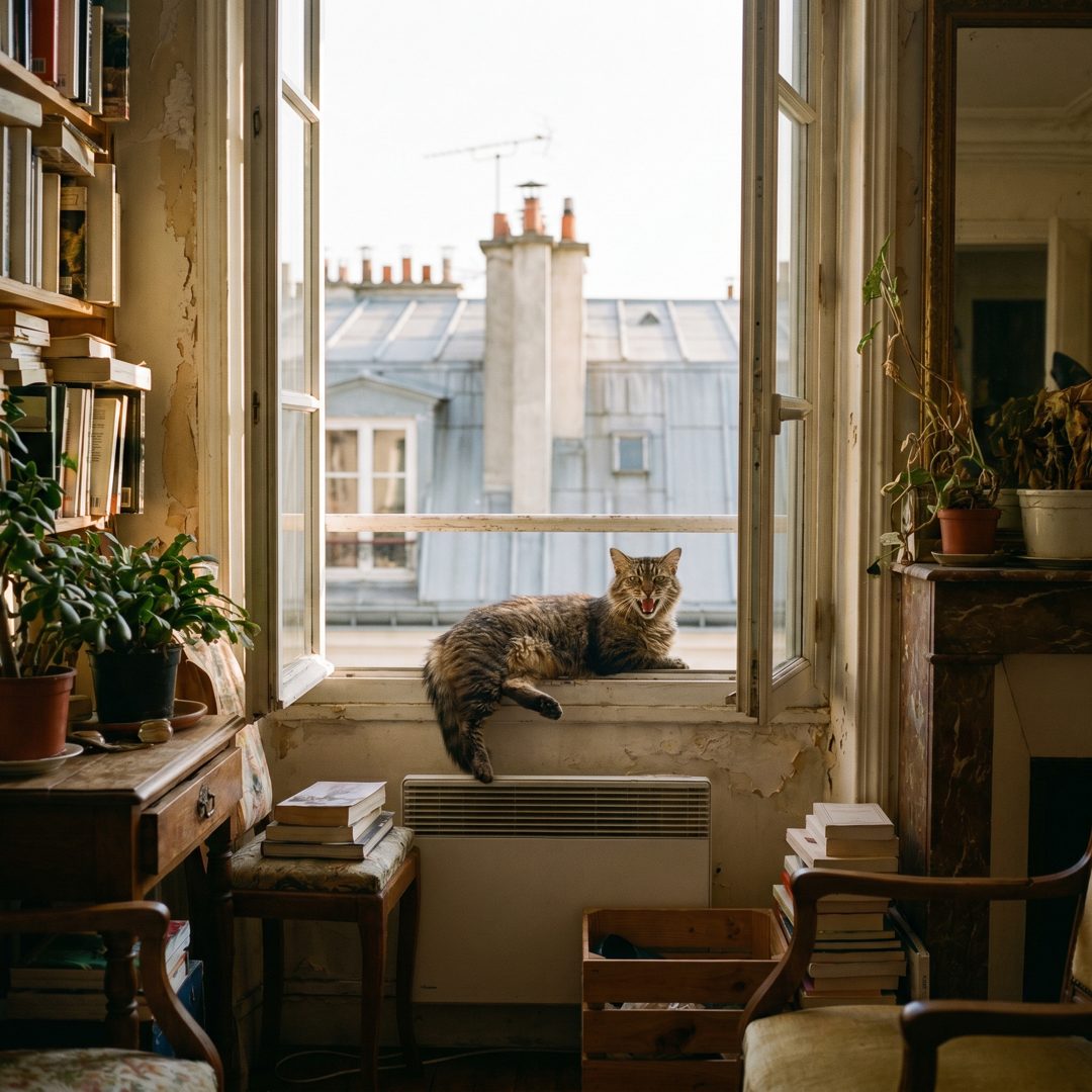 Chat haletant sur le rebord d'une fenêtre d'appartement parisien