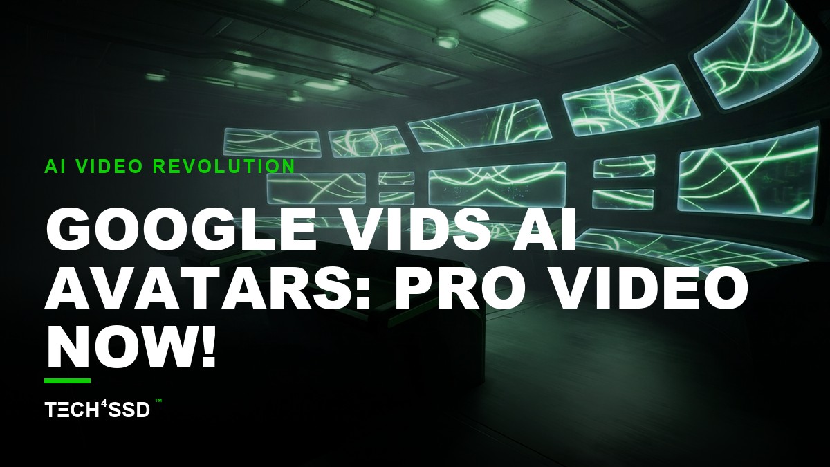 Close-up of a digital human avatar speaking on a screen, with subtle neon-green holographic lines across its face, representing Google Vids AI Avatars technology.