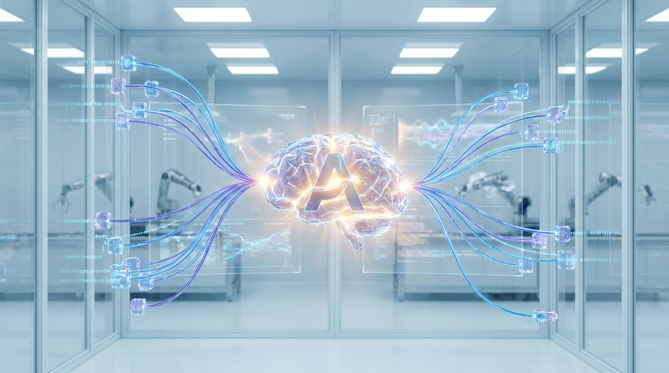 A visual representation of interconnected data workflows and a central AI agent brain, symbolizing Alteryx Agent Studio's capabilities.