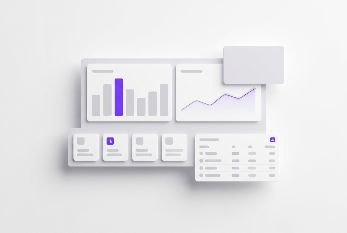 Abstract white render of a custom business dashboard and CRM with charts, KPI tiles and a data table, one violet highlight. DigiVal custom dashboards and internal tools, a Salesforce alternative for Sydney SMEs.