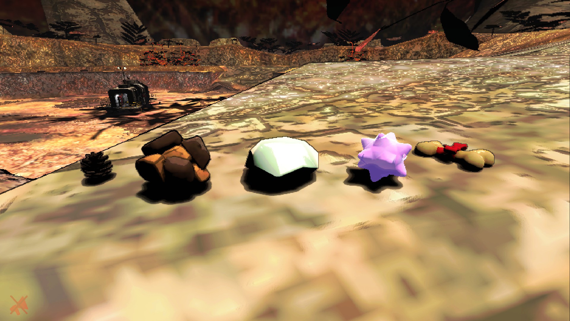 Firestarter, raw material clay clump, raw material, glow pellet, and scrummy bone.