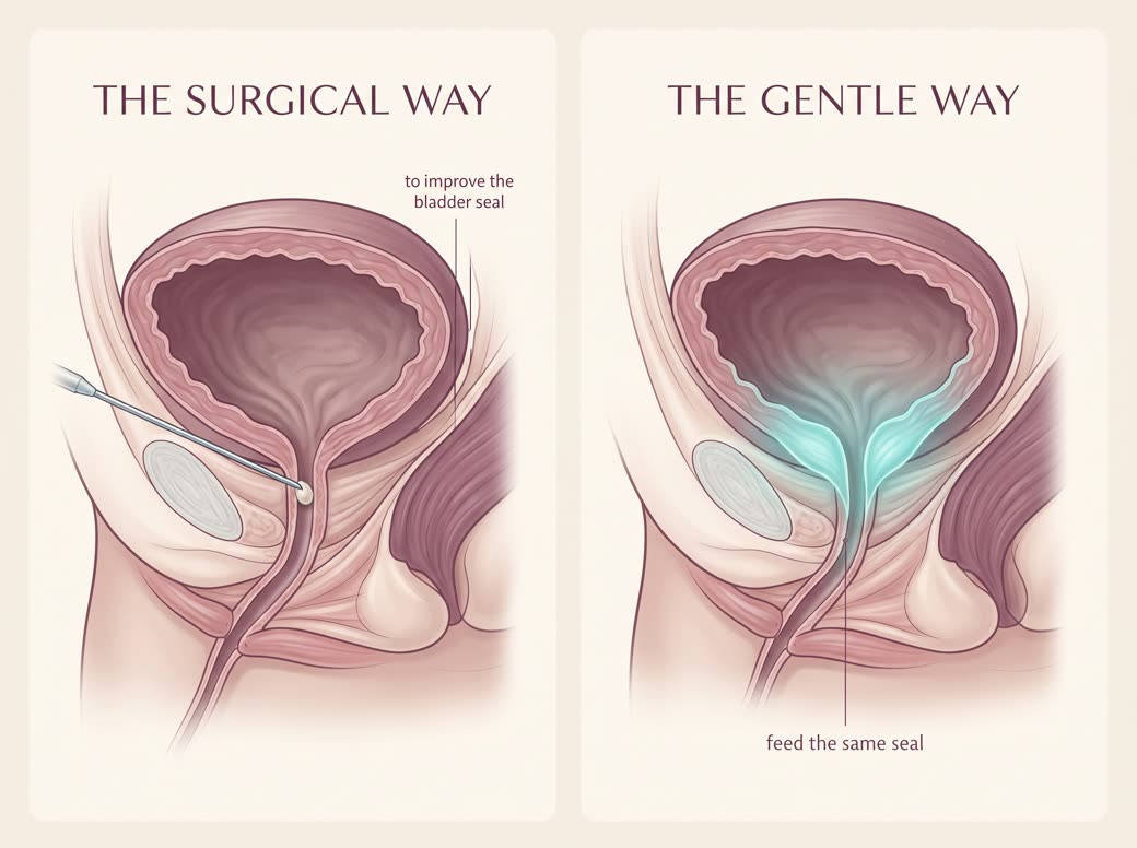 The surgical way injects gel to improve the bladder seal; the gentle way feeds the same seal